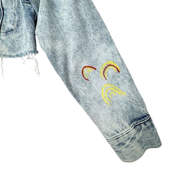 Pacsun Cropped Denim Jacket Womens M Graffiti Skater Grunge Festival Peace - Picture 6 of 13